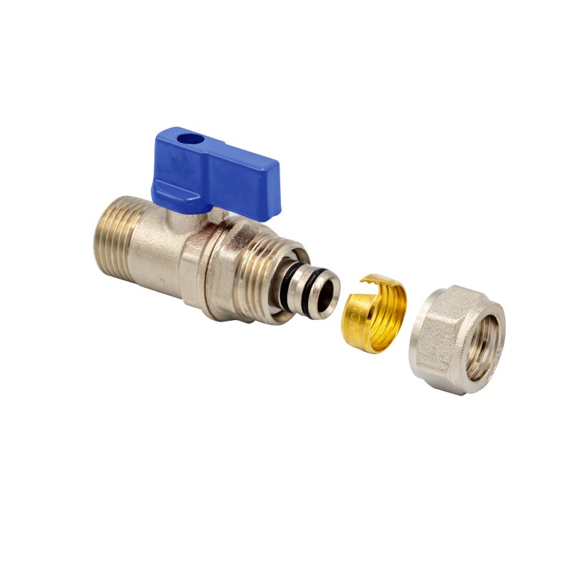 Mini vanne à bille avec raccord 1/2"M-16x2 bleu