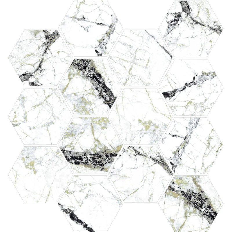 Mailles décoratives Calacatta Green hexagone coloris blanc et vert poli 28x26 cm