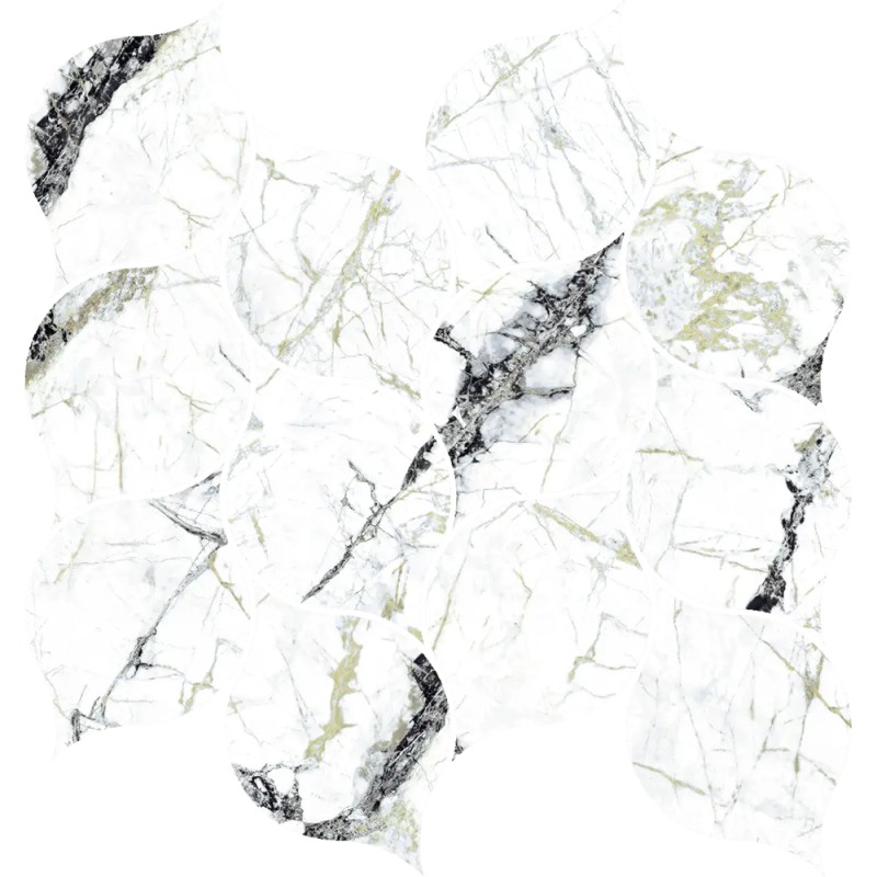 Mailles décoratives Calacatta Green feuille coloris blanc et vert poli 29x27 cm
