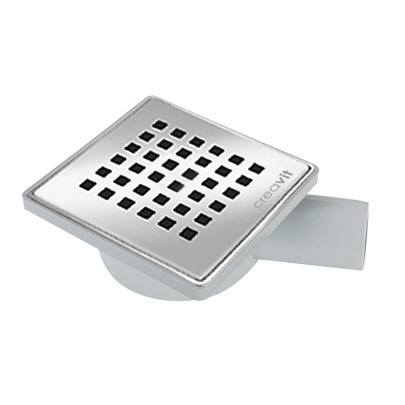 Creavit siphon de sol carré 15x15 en PVC avec grille en inox pour sortie horizontale