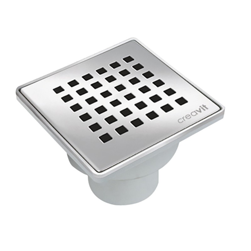 Creavit siphon de sol carré 15x15 en PVC avec grille en inox pour sortie verticale